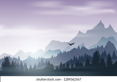 Landscape with pine forest and mountains at sunset