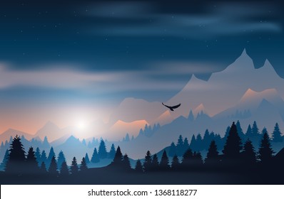 Landscape with pine forest and mountains at sunset