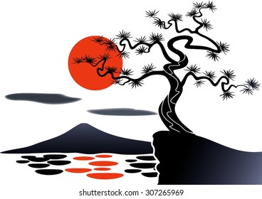 Landscape with pine in Japan-style. Vector illustration.
Concept for cards, tickets, branding, logo, label, background.
 It Can be used for flayers, banners, posters.

