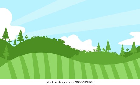 Landscape with pine on lawn and blue 
sky background.