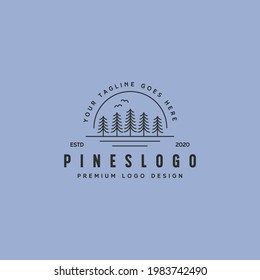 landscape pine tree line art logo vector with sun symbol illustration design, pines minimal logo design