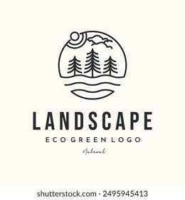 Landschaft Kiefer Baum Linie Kunst Logo Vektor minimalistische Illustration Design, immergrüne Natur Logo Design