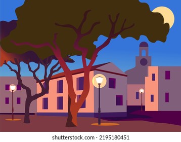 landscape with pine tree and moon vector illustration