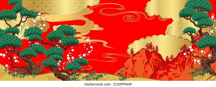 Landscape with pine trees and blooming plum