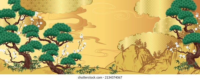 Landscape with pine trees and blooming plum