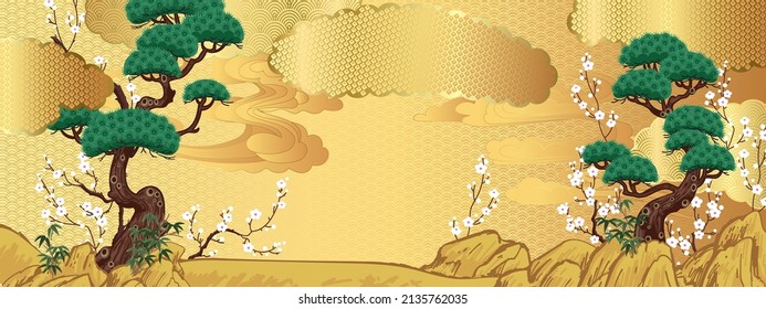 Landscape with pine trees and blooming plum