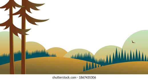 Landscape with pine trees, forests and fields. In the background sky and clouds. Beautiful wildlife. Vector illustration.