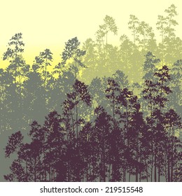 landscape with pine trees, hand drawn vector illustration