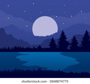 Landscape of pine trees lake and moon on purple background design, nature and outdoor theme Vector illustration