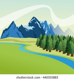 Landscape with pine trees and mountains design, Colorfull illust