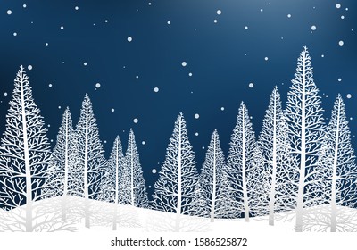 Landscape with pine trees on snow hill on sky with snow falling. Design for Merry Christmas, New Year or Winter holidays greeting season card or banner. Vector illustration