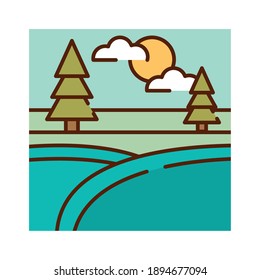 dibujos animados de paisajes de pinos de río y campo, ilustraciones vectoriales líneas llenas de colores planos