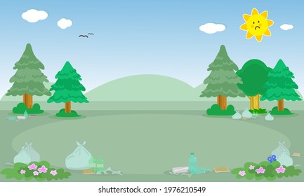 Landscape with pine trees and a very sad sun, full of garbage. Digital illustration