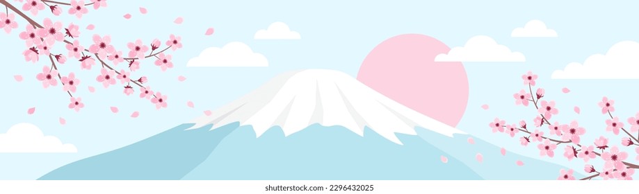 Landscape with pink cherry blossom, a mountain with a snowy peak and the sun. Banner with sakura branches and Mount Fuji. Vector illustration in flat style