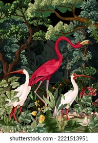 Paisaje con flamingo rosa y otras aves en la jungla. Vector