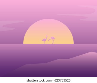 Landscape with pink flamingos in the water. Vector illustration