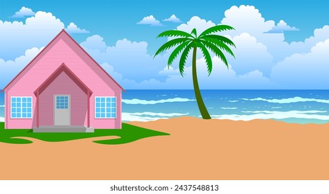 landscape of pink house on the beach in summer