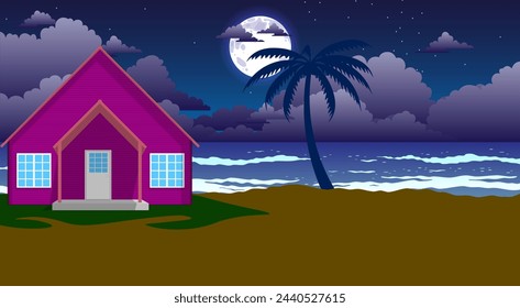 landscape of pink house on the beach in night