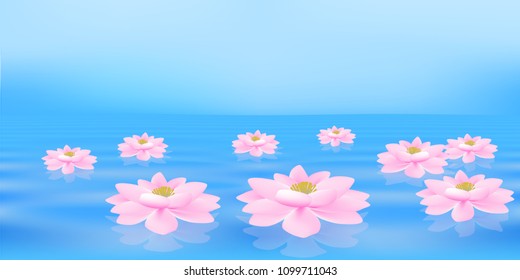 Landscape Pink Lotus Flowers In Blue Water Realistic Drawings Of Pink Bathing In A Clean Lake, Natural Landscape Tranquility Harmony 3D Vector Realistic.