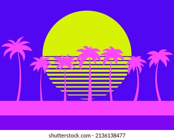 Landscape with pink palm trees against the backdrop of the sun. Summer time, tropical bright palm trees and sun. Design for print, banners and posters. Vector illustration