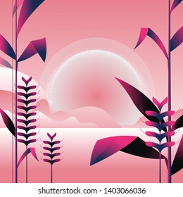 landscape in pink and purple colors. mountains and nature in minimal style. Bushes, trees, flowers, leaves. Vector illustration