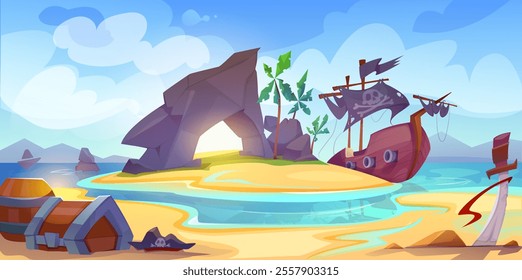 Landscape with pirate island. Banner with treasure chest buried on sandy beach of tropical island in middle of ocean. Pirate wooden ship with black sails floating on sea. Cartoon vector illustration