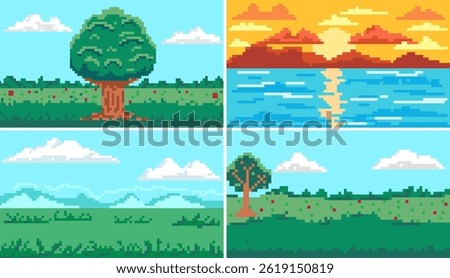 Landscape pixel art  set. Grassy field with a tree and clouds, a beach at sunset, a rolling green meadow with mountains and clouds, and a grassy field with a  tree.Retro game 8 bit  design background