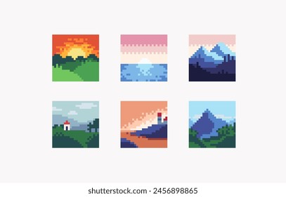 Conjunto de píxeles de paisaje. Atardecer de Naturaleza, colección de paisaje montañoso y paisajístico. 8 bits. Desarrollo de juegos, App móvil. Ilustración vectorial aislada.