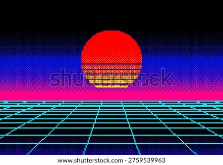 Landscape with pixel sun and wireframe grid of 80s styled retro computer game. Sci-fi background in synthwave style