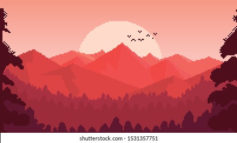 Landscape pixelart red with some birds and a beautiful sun