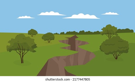 Landscape of a plain with trees and a ravine
