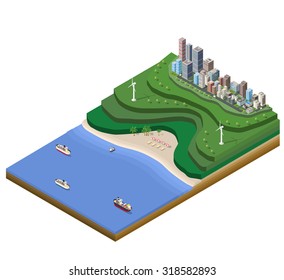 Landscape plan big city on the map with the mountains, the beach and the sea surface with ships