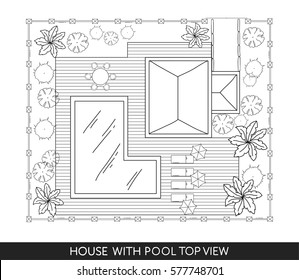 Landscape Plan Of The House With Swimming Pool, Furniture And Trees In Top View