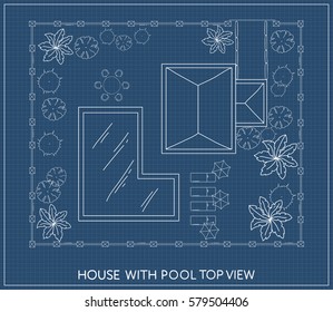 Landscape Plan of the house with swimming pool, furniture and trees in top view