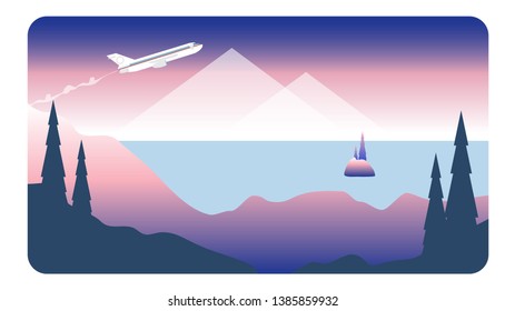 Landscape with with a plane taking off above the sea. Vector banners set with landscape illustration.