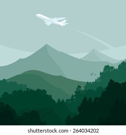Landscape and a plane. Vector illustration