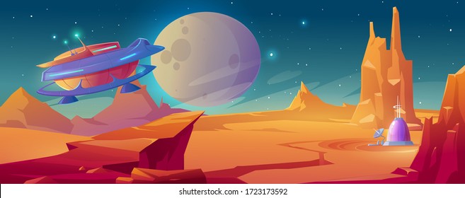 Landscape of planet Mars with colony base and flying rocket. Vector cartoon futuristic illustration of alien red planet surface, spaceship and dome building. Galaxy exploration and colonization