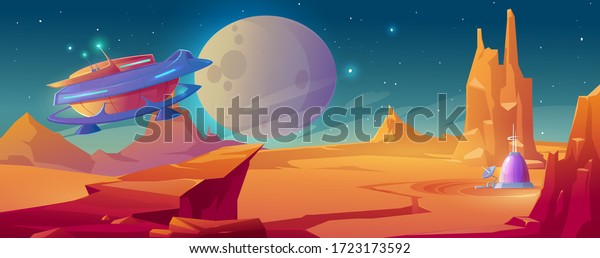 Landscape of planet Mars with colony base\
and flying rocket. Vector cartoon futuristic illustration of alien\
red planet surface, spaceship and dome building. Galaxy exploration\
and colonization
