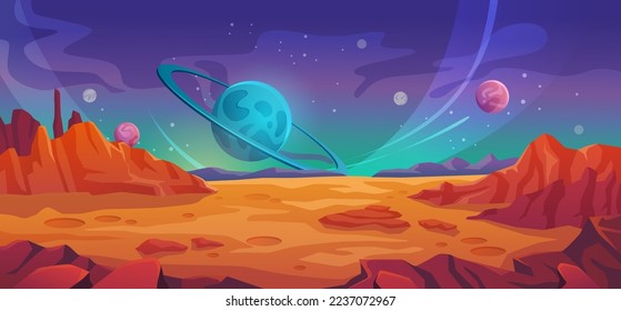 Landscape of planet Mars, sky with stars and celestial bodies. Fantasy world setting or location with dessert and mountains, rocks and cliffs, vectors