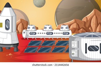 Landscape of planet surface with colony buildings illustration