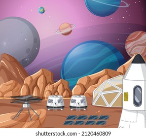 Landscape of planet surface with colony buildings illustration