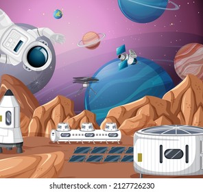 Landscape of planet surface with colony buildings illustration