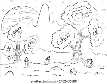 Landscape with a planet and trees. space. circuit. vector and illustration