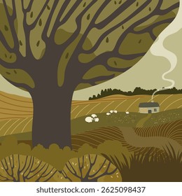 Landscape with plants, trees, house and cute sheeps. Small farm and fields near  the house. Vector illustration