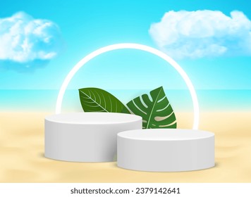 Landscape with podium with leaves and white neon arc. 3d vector mockup 