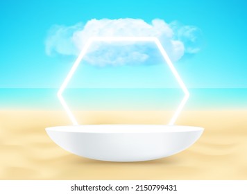 Landscape with podium on a sand and white neon arc. 3d vector mockup with shadow overlay effect