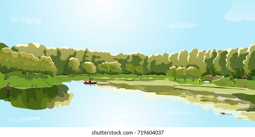 Landscape pond in a park surrounded by trees, summer day. Beautiful. People walk by the water, blue sky, bright sun. A fisherman, a mother walks with a child and a dog, boating. Vector illustration 
