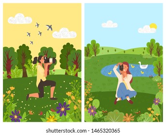 Landscape with pond and swans, forest and woman photographer making shoots on nature. Vector scenic landscape and tourists shooting flowers, summertime. Flat cartoon