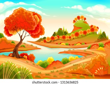 Landscape with pond, trees and hills. Vector illustration