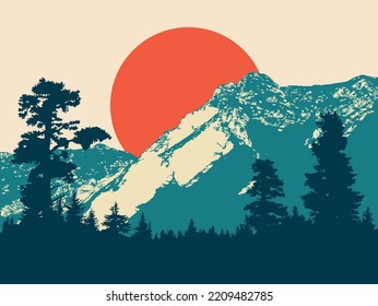 Fondo de postal paisajístico con montañas y bosques